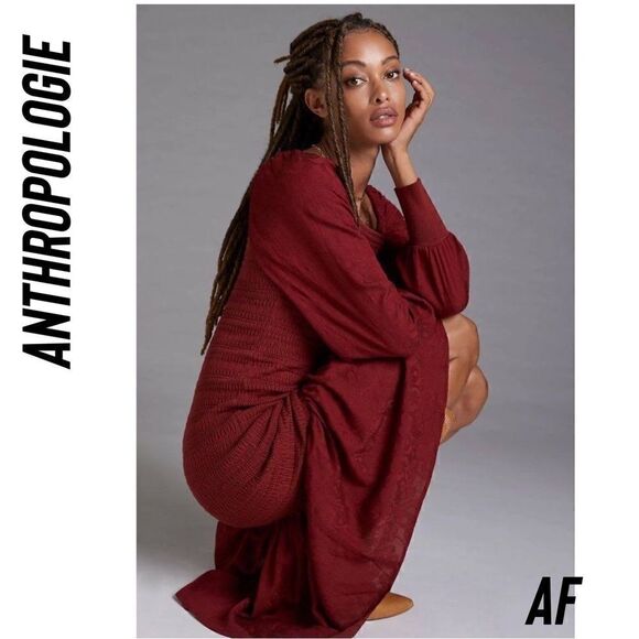 ANTHROPOLOGIE SMOCKED PUFF KNIT MIDI DRESS IN WINE NEW LARGE - Picture 6 of 7